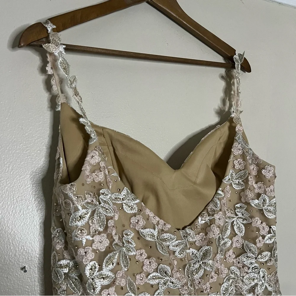 Mac Duggal Cream Floral Lace 12 Beige Embroidered Tulle Trumpet Gown Nude - Picture 10 of 13